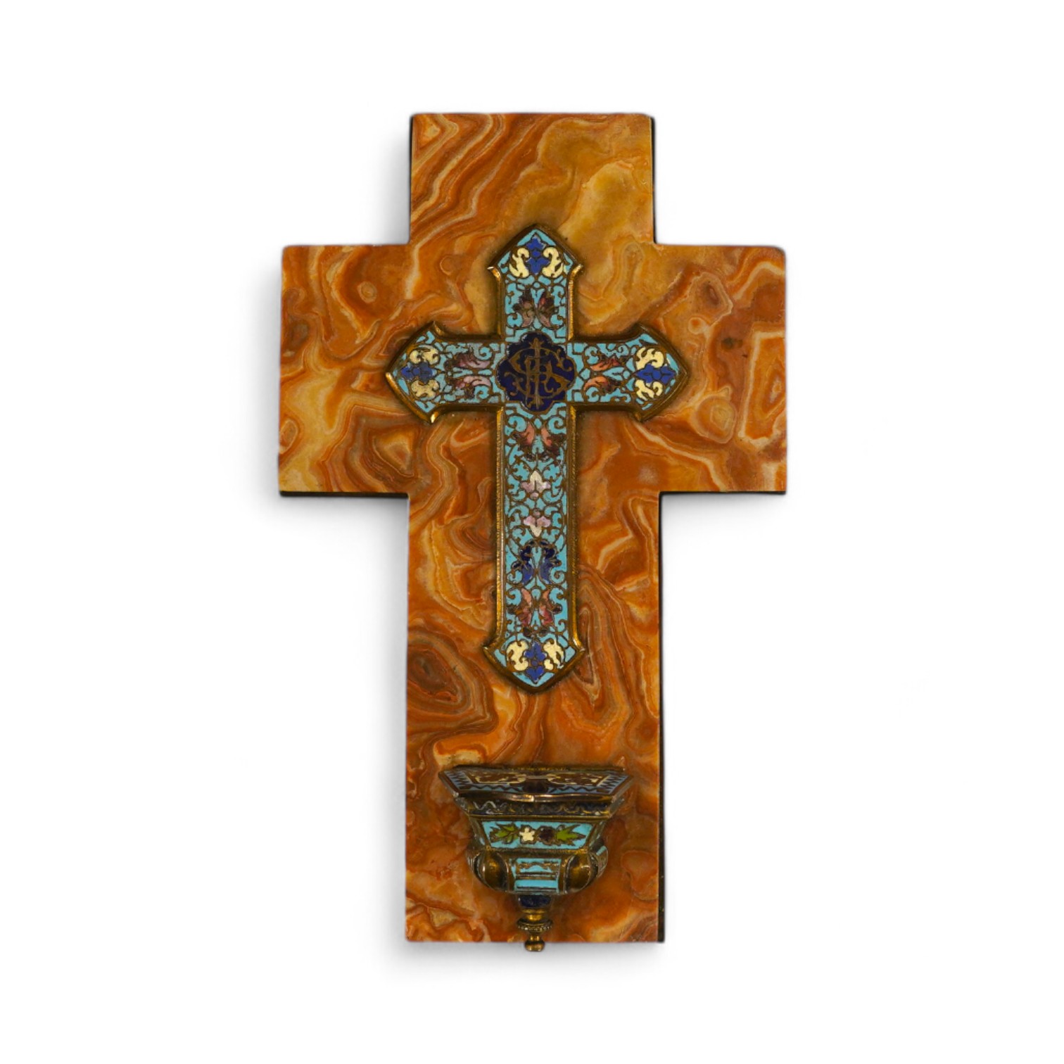 A champlevé enamel, onyx and brass Holy water stoop in the form of a cross, early 20th century, 23.5cm high. Condition - fair to good